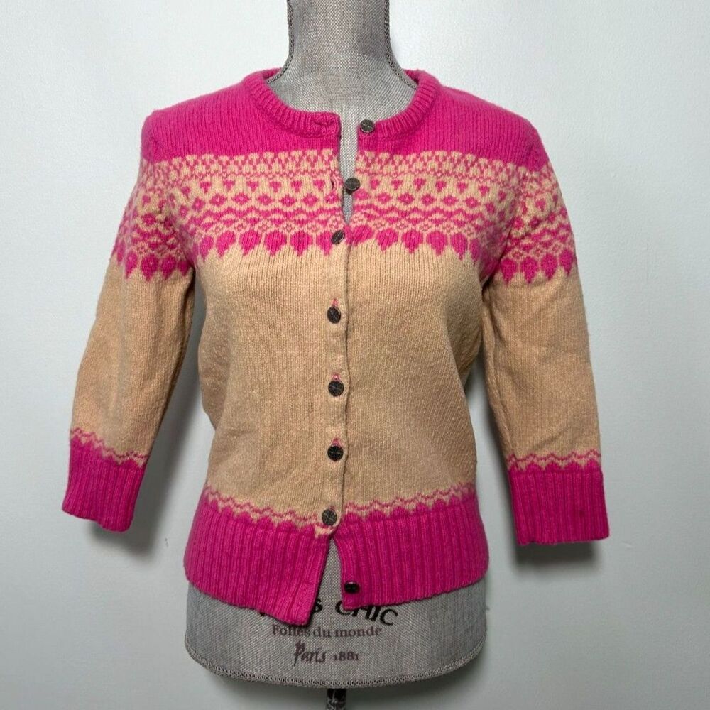 Vintage Old Navy Pink and Beige Fair Isle Cardigan Sweater Tiny Fit sz S/M